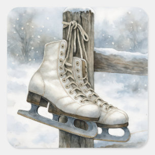 Sticker Carré Patins à glace vintage de Noël sur un poteau de cl