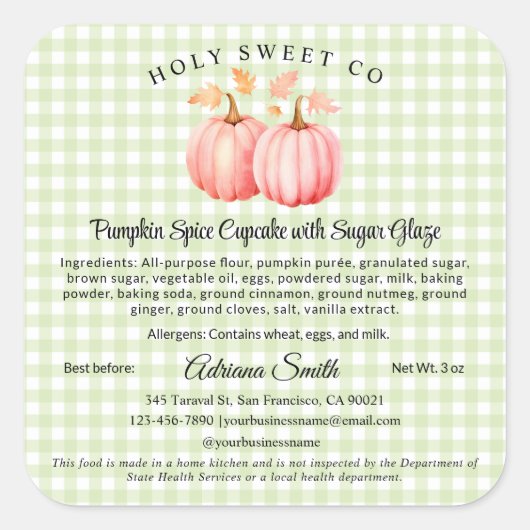 Sticker Carré Pâtisserie Gingham Citrouille Rose Nourriture Mais (Devant)