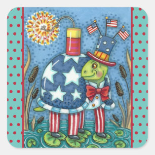STICKER CARRÉ PATRIOTIQUE ONCLE SAM TURTLE, FUNNY FIRECRACKER MÊ