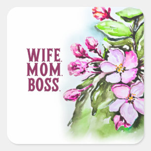 Sticker Carré Patron maman femme, Fleurs roses