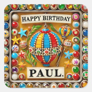 Sticker Carré PAUL ~ JEUX ANNIVERSAIRE ~ Hot Air Balloon ~
