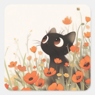 Sticker Carré Pavot à chat noir