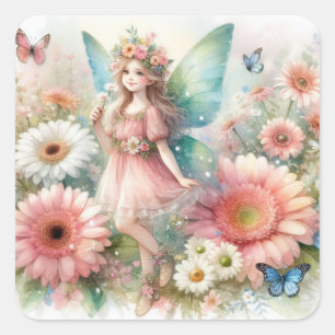 Sticker Carré Pays des fées avec fleurs aquarelle 