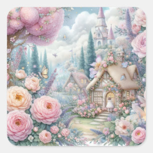 Sticker Carré Pays des fées avec fleurs aquarelle