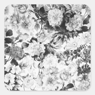 Sticker Carré Pays moderne blanc noir d'aquarelle floral