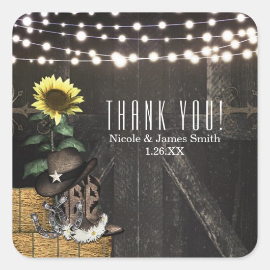 Sticker Carré Pays Ouest Rustique Grange Lumières Mariage Faveur (Devant)