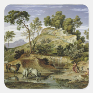 Sticker Carré Paysage avec bergers et vaches