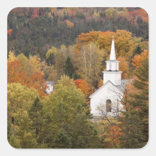 Sticker Carré Paysage d'automne avec église, Vermont, États-Un