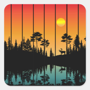 Sticker Carré Paysage de lever de soleil en forêt au coucher du