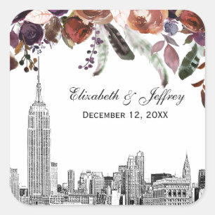 Sticker Carré Paysage de NYC ESB Gravure Bordeaux Fleur Mariage