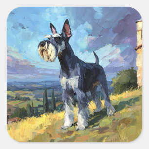 Sticker Carré Paysage ensoleillé de campagne avec un Schnauzer -