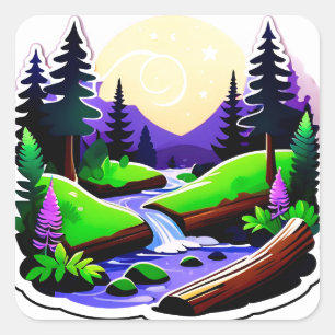 Sticker Carré Paysage forestier coloré avec ruisseau éclairé par