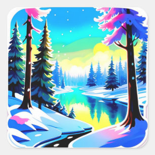 Sticker Carré Paysage forestier hivernal avec arbres enneigés