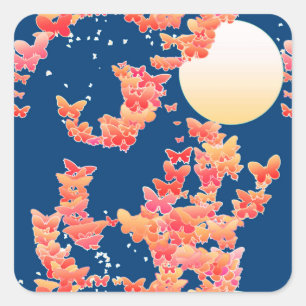 Sticker Carré Paysage lunaire avec papillons - corail, bleu turq