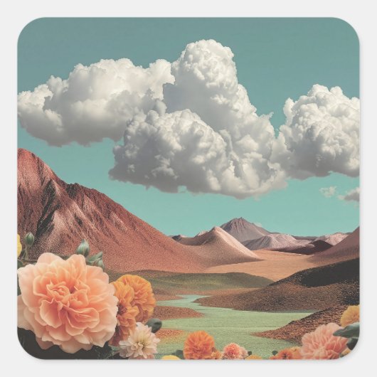 Sticker Carré Paysage Montagnard Floral Surréaliste Avec Nuages (Devant)