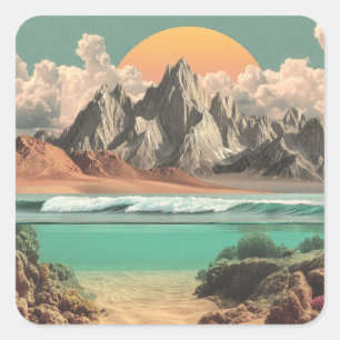 Sticker Carré Paysage surréaliste d'océan et de montagnes avec d