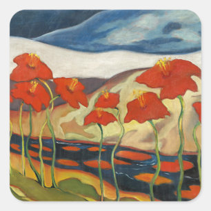 Sticker Carré Paysage surréaliste moderniste aux coquelicots rou