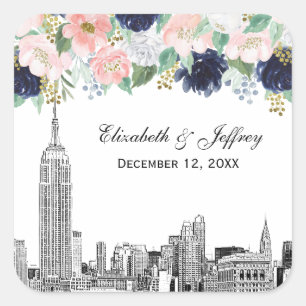 Sticker Carré Paysage urbain de NYC ESB Gravure Rose Blanc Bleu