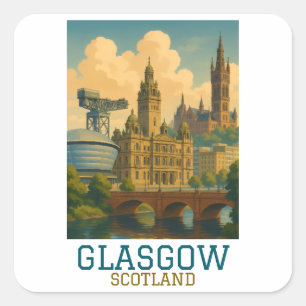 Sticker Carré Paysage Urbain Rétro Vintage Glasgow Écosse Voyage