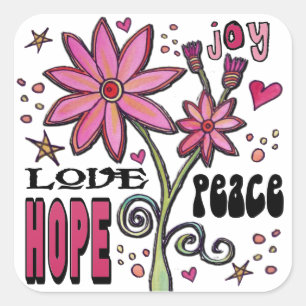 Sticker Carré Peace Love Hope and Flowers