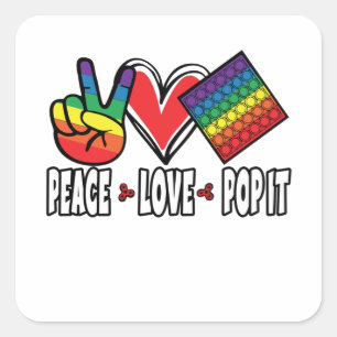 Sticker Carré Peace Love Pop It Popit Arc-en-ciel coloré blanc