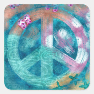 Sticker Carré Peace Sign Beach Art Abstrait Rose Turquoise