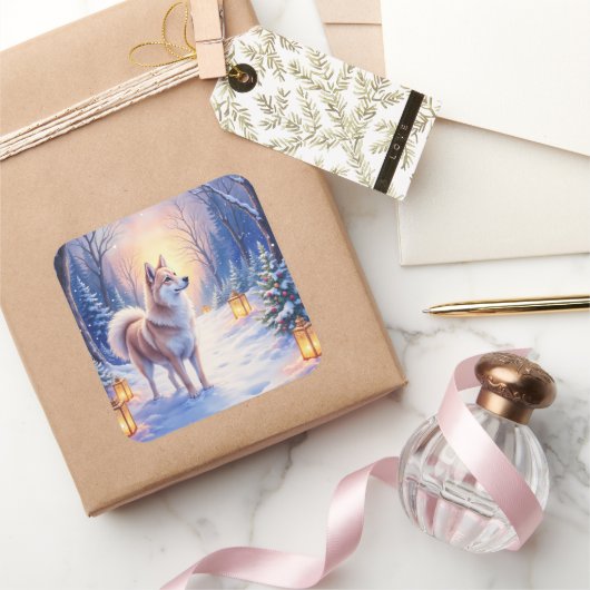 Sticker Carré Peaceful Akita on Snow Lantern Path Christmas Dog  (Cadeaux)