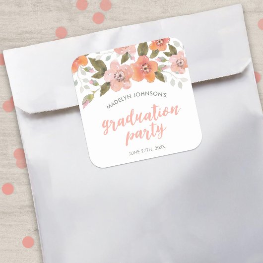 Sticker Carré Peach Delicate Floral Graduation Party