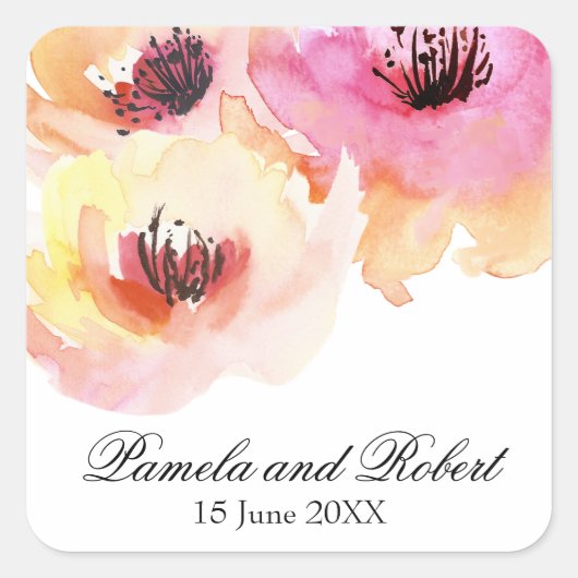 Sticker Carré Peach et rose aquarelle Mariage floral (Devant)