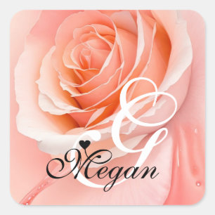 Sticker Carré Peach Fuzz Rose Arrière - plan Monogramme Nom Coeu
