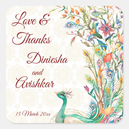 Sticker Carré Peacock Arabe motif Indien mariage faveur cadeau (Devant)