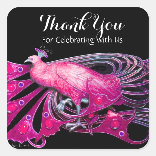 Sticker Carré PEACOCK ÉLÉGANT EN ROSE, FUCHSIA, Merci NOIR (Devant)