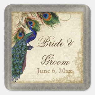 Sticker Carré Peacock & Feathers Formal Wedding Favor Seals Tags