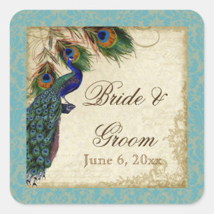Sticker Carré Peacock & Feathers Formal Wedding Favor Seals Tags