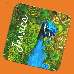 Sticker Carré Peacock Vibrant + Nom Bleu Bleu Bleu Plumes Vert