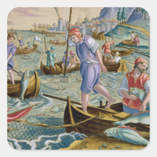 Sticker Carré Pêche avec des filets et des tridents dans la bai