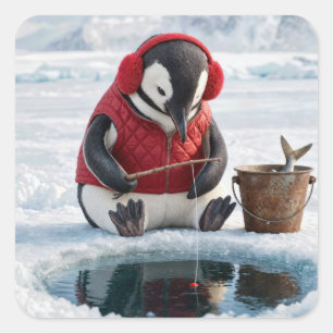 Sticker Carré Pêche sur glace de pingouin sur un glacier arctiqu