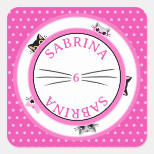 Sticker Carré Peeking Cats Pink Polka Dot