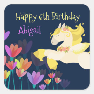 Sticker Carré Pégase et fleurs colorées Cheval volant Anniversai