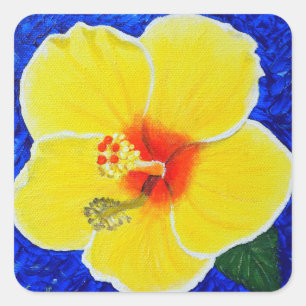 Sticker Carré Peinture à fleurs d'Hibiscus jaune