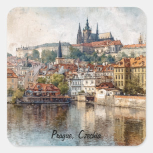 Sticker Carré Peinture à l'aquarelle de Prague vintage Républiqu