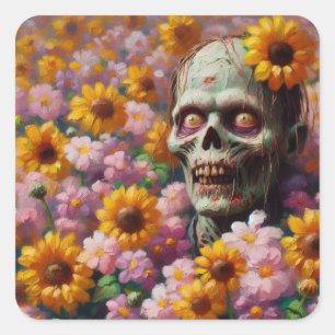 Sticker Carré Peinture à l'huile de Zombie dans le champ de fleu