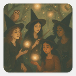 Sticker Carré Peinture à l'huile d'Halloween de sorcières dans l