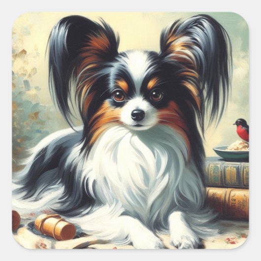 Sticker Carré Peinture de chien Papillon vintage (Devant)
