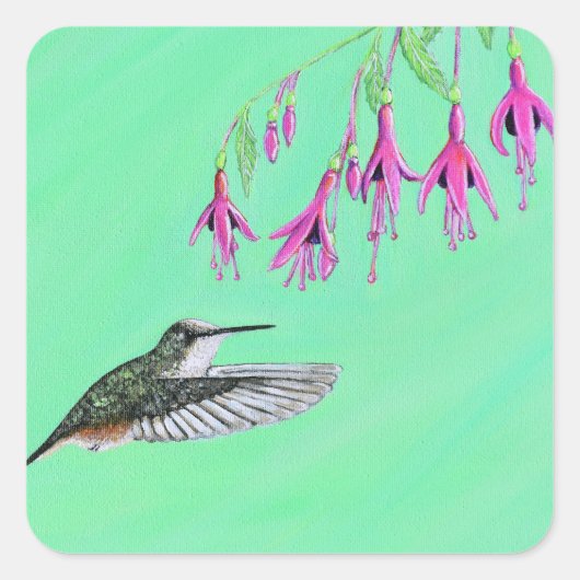 Sticker Carré Peinture de colibri et Fuchsia (Devant)