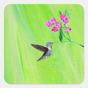Sticker Carré Peinture de Colibri et Pois de Senteur
