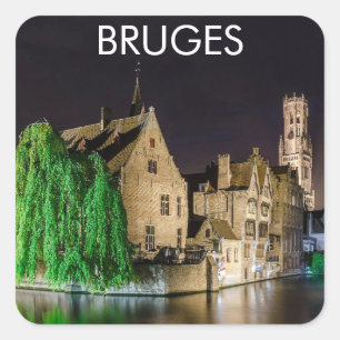 Sticker Carré Peinture de la vieille ville de Bruges et tour du 