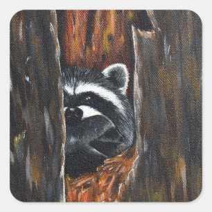 Sticker Carré Peinture de Maman et Bébé Raton Laveur