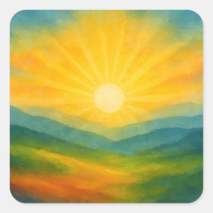 Sticker Carré Peinture de paysage de lever de soleil à l'aquarel