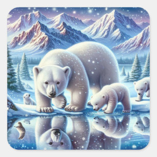 Sticker Carré Peinture de scène enneigée de famille d'ours polai